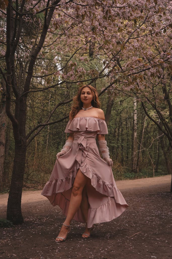 Woman in ruffled pink dress strolling under cherry blossom trees in a serene forest setting.